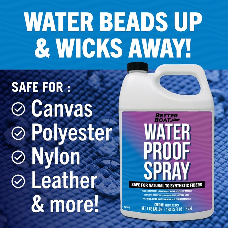 Better Boat Fabric Waterproof Spray, 1 Gallon Heavy Duty Waterproofing Protector and Water Proof Repellent for Outdoor Marine Canvas, Boat Tops, Vinyl Seats, Tents, Clothing, Boots, Jackets, and Clothes - Image 2